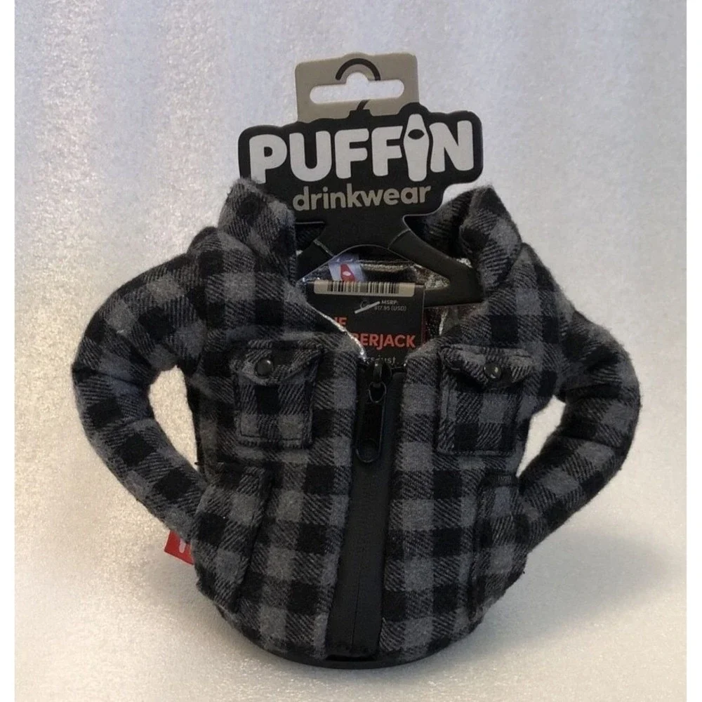 Puffin drinkwear Plaid‎ Pewter Flannel Jacket Shirt Drink Koozie The Lumberjack